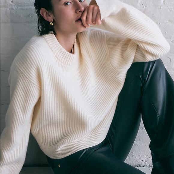 J. Crew Ribbed Cashmere Cropped Crewneck Sweater In Warm Sesame - Picture 1 of 13